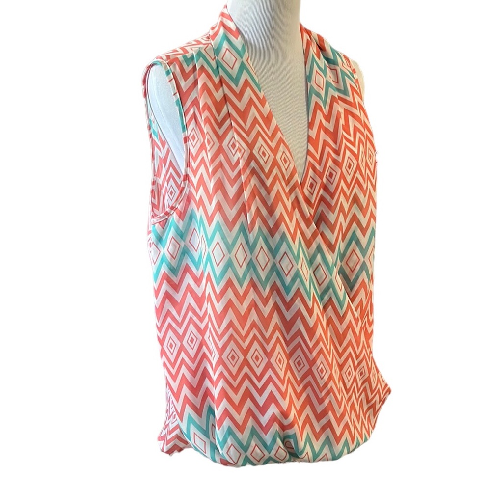 VINTAGE CMM WRAP SLEEVELESS BLOUSE CHEVRON PATTERN GREEN ORANGE SIZE LARGE